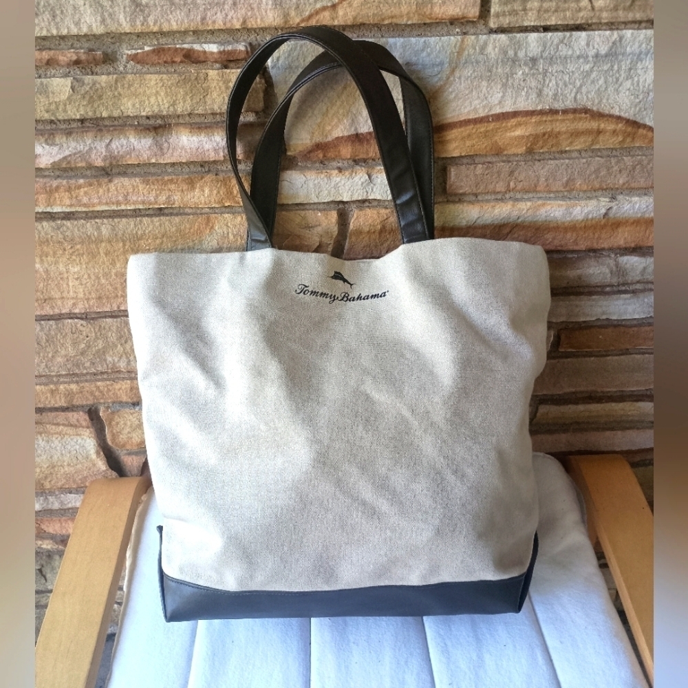 Tommy Bahama Cream and Dark Brown Canvas Tote